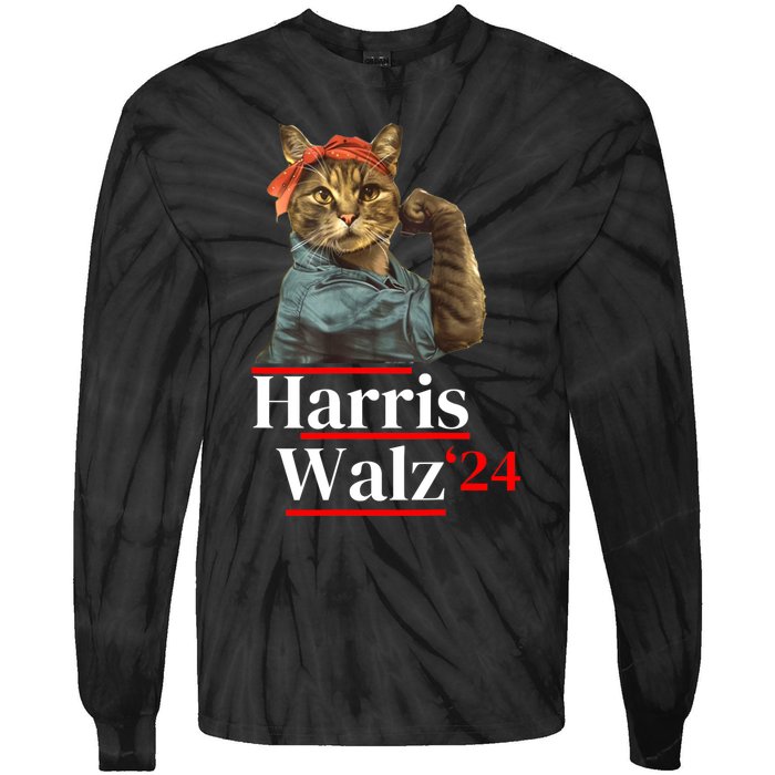 Cat Ladies For Kamala Walz Funny Cat 2024 President Tie-Dye Long Sleeve Shirt