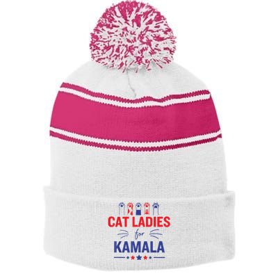 Cat Ladies For Kamala Harris 2024 Childless Cat Lady Stripe Pom Pom Beanie