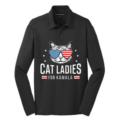 Cat Ladies For Kamala Harris Democracy Voting Blue President Silk Touch Performance Long Sleeve Polo