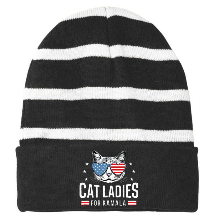 Cat Ladies For Kamala Harris Democracy Voting Blue President Striped Beanie with Solid Band