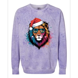 Christmas Lion Face Santa Hat Snowflakes Sunglasses Tropical Gift Colorblast Crewneck Sweatshirt