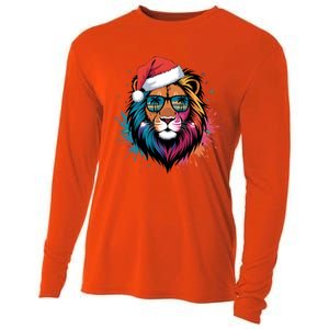 Christmas Lion Face Santa Hat Snowflakes Sunglasses Tropical Gift Cooling Performance Long Sleeve Crew