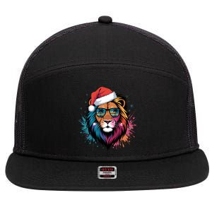 Christmas Lion Face Santa Hat Snowflakes Sunglasses Tropical Gift 7 Panel Mesh Trucker Snapback Hat