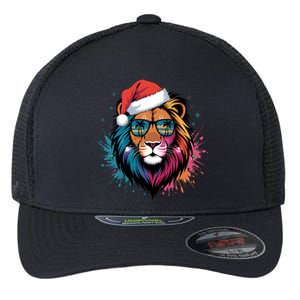 Christmas Lion Face Santa Hat Snowflakes Sunglasses Tropical Gift Flexfit Unipanel Trucker Cap