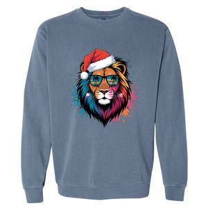 Christmas Lion Face Santa Hat Snowflakes Sunglasses Tropical Gift Garment-Dyed Sweatshirt