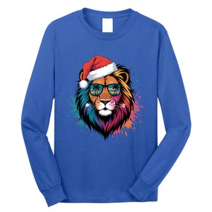 Christmas Lion Face Santa Hat Snowflakes Sunglasses Tropical Gift Long Sleeve Shirt