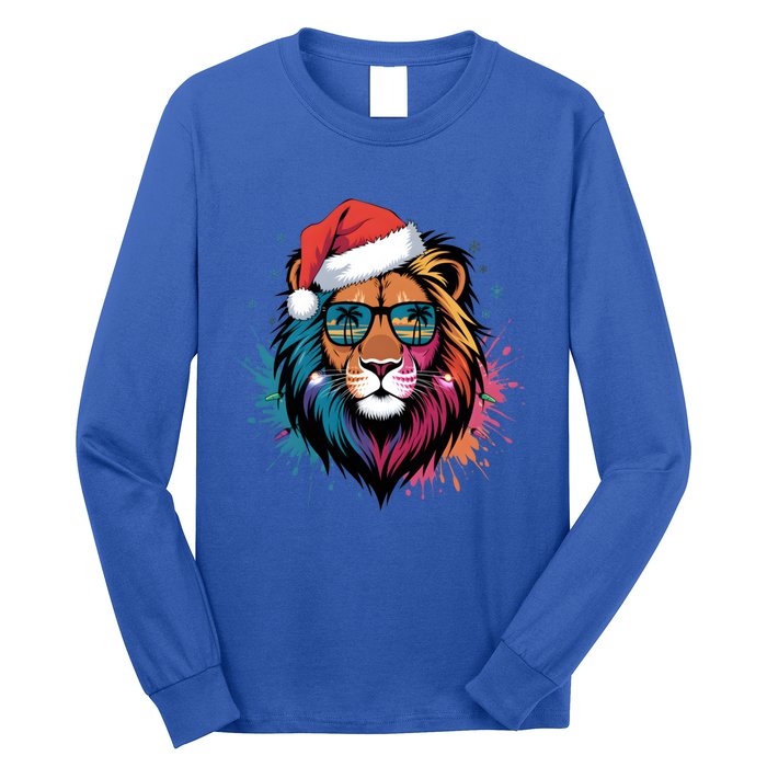 Christmas Lion Face Santa Hat Snowflakes Sunglasses Tropical Gift Long Sleeve Shirt