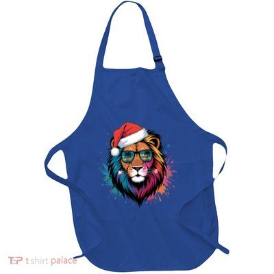 Christmas Lion Face Santa Hat Snowflakes Sunglasses Tropical Gift Full-Length Apron With Pockets