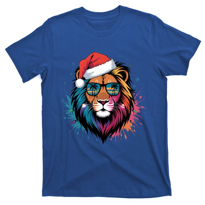 Christmas Lion Face Santa Hat Snowflakes Sunglasses Tropical Gift T-Shirt