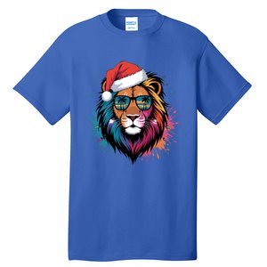 Christmas Lion Face Santa Hat Snowflakes Sunglasses Tropical Gift Tall T-Shirt