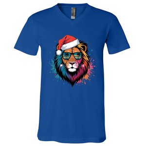 Christmas Lion Face Santa Hat Snowflakes Sunglasses Tropical Gift V-Neck T-Shirt