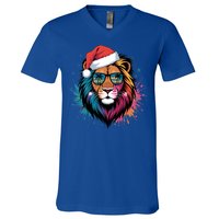 Christmas Lion Face Santa Hat Snowflakes Sunglasses Tropical Gift V-Neck T-Shirt