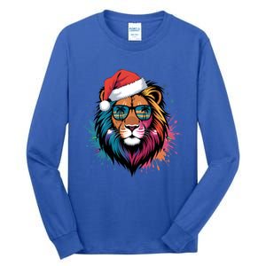 Christmas Lion Face Santa Hat Snowflakes Sunglasses Tropical Gift Tall Long Sleeve T-Shirt