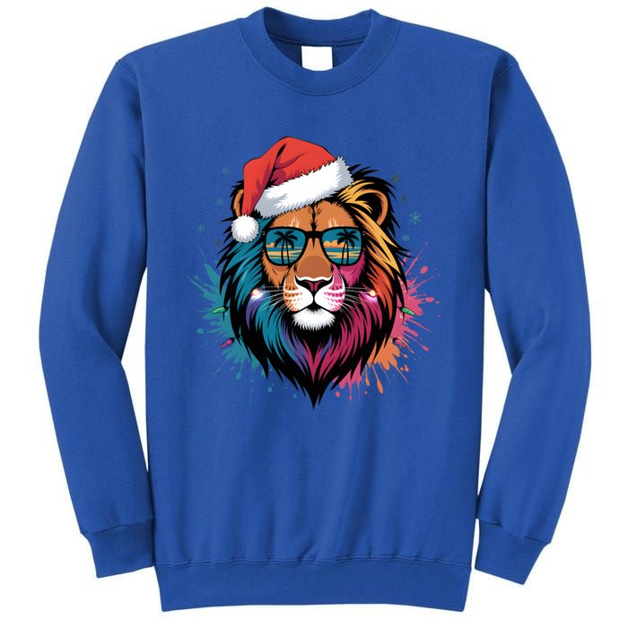 Christmas Lion Face Santa Hat Snowflakes Sunglasses Tropical Gift Tall Sweatshirt