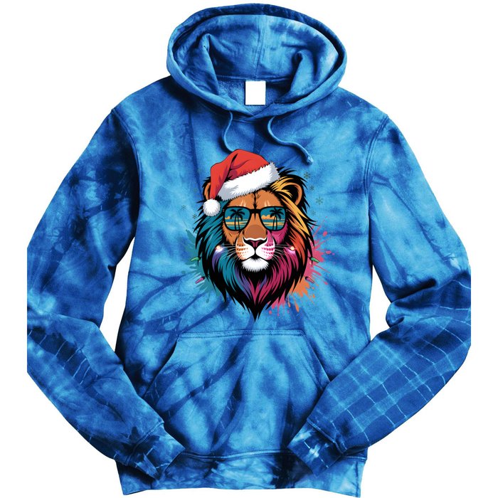 Christmas Lion Face Santa Hat Snowflakes Sunglasses Tropical Gift Tie Dye Hoodie