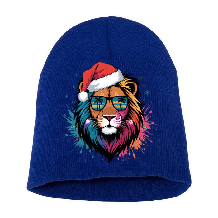 Christmas Lion Face Santa Hat Snowflakes Sunglasses Tropical Gift Short Acrylic Beanie