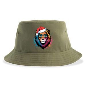 Christmas Lion Face Santa Hat Snowflakes Sunglasses Tropical Gift Sustainable Bucket Hat