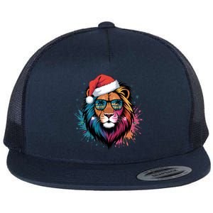 Christmas Lion Face Santa Hat Snowflakes Sunglasses Tropical Gift Flat Bill Trucker Hat