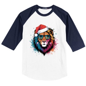 Christmas Lion Face Santa Hat Snowflakes Sunglasses Tropical Gift Baseball Sleeve Shirt