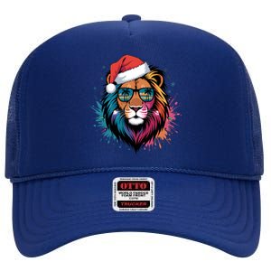 Christmas Lion Face Santa Hat Snowflakes Sunglasses Tropical Gift High Crown Mesh Back Trucker Hat