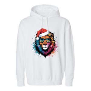 Christmas Lion Face Santa Hat Snowflakes Sunglasses Tropical Gift Garment-Dyed Fleece Hoodie