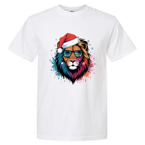 Christmas Lion Face Santa Hat Snowflakes Sunglasses Tropical Gift Garment-Dyed Heavyweight T-Shirt