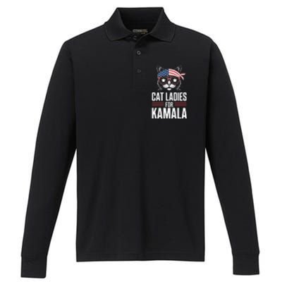 Cat Ladies For Kamala Funny Cat 2024 President Kamalaharris Performance Long Sleeve Polo