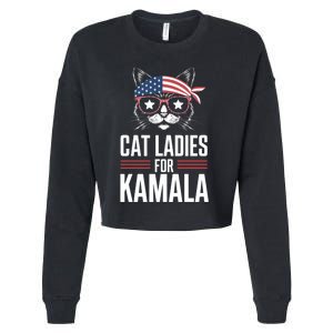 Cat Ladies For Kamala Funny Cat 2024 President Kamalaharris Cropped Pullover Crew