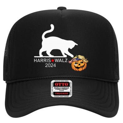 Cat Ladies For Kamala Harris Funny Trump Hair 2024 Trumpkin High Crown Mesh Back Trucker Hat