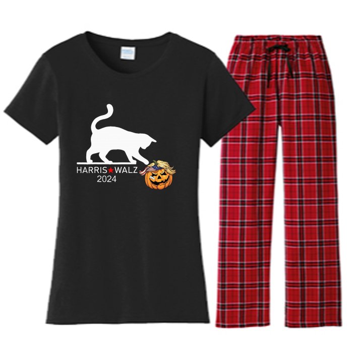 Cat Ladies For Kamala Harris Funny Trump Hair 2024 Trumpkin Women's Flannel Pajama Set