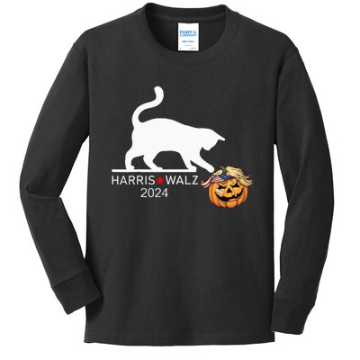 Cat Ladies For Kamala Harris Funny Trump Hair 2024 Trumpkin Kids Long Sleeve Shirt