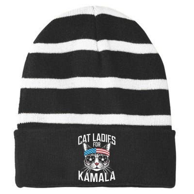 Cat Ladies For Kamala Funny Cat 2024 Striped Beanie with Solid Band