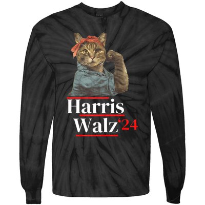 Cat Ladies For Kamala Walz Funny Cat 2024 President Tie-Dye Long Sleeve Shirt