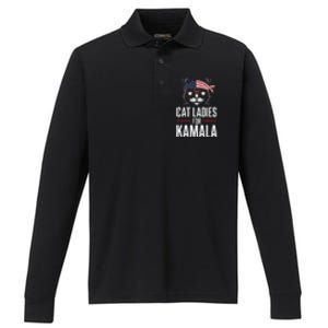 Cat Ladies For Kamala Funny Cat 2024 President Kamala Harris Performance Long Sleeve Polo