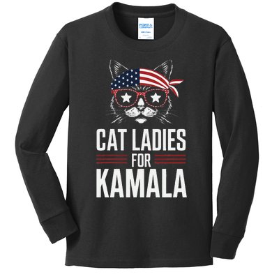 Cat Ladies For Kamala Funny Cat 2024 President Kamala Harris Kids Long Sleeve Shirt