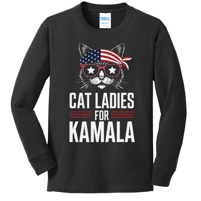 Cat Ladies For Kamala Funny Cat 2024 President Kamala Harris Kids Long Sleeve Shirt