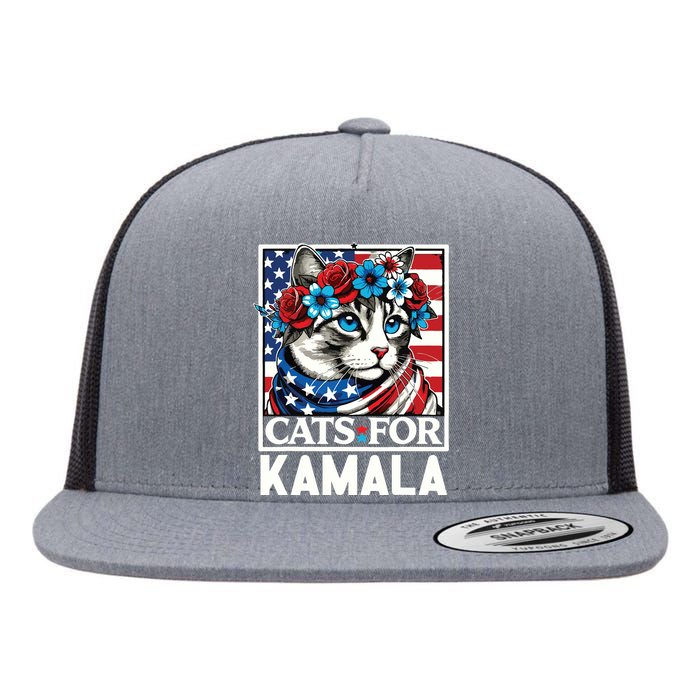 Cat Ladies For Kamala Funny Cat 2024 President Kamalaharris Flat Bill Trucker Hat