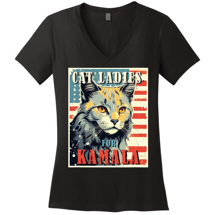 Cat Ladies For Kamala Funny Cat 2024 Women's V-Neck T-Shirt