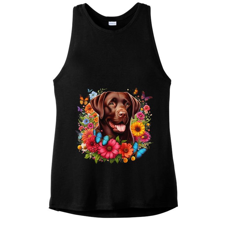 Chocolate Lab Flowers Women Labrador Ladies PosiCharge Tri-Blend Wicking Tank