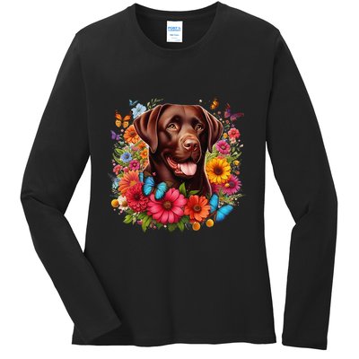 Chocolate Lab Flowers Women Labrador Ladies Long Sleeve Shirt