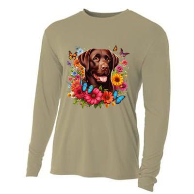 Chocolate Lab Flowers Women Labrador Cooling Performance Long Sleeve Crew