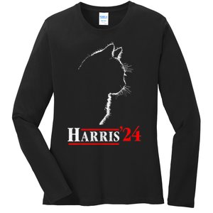 Cat Ladies For Kamala Funny Cat 2024 President Kamalaharris Ladies Long Sleeve Shirt