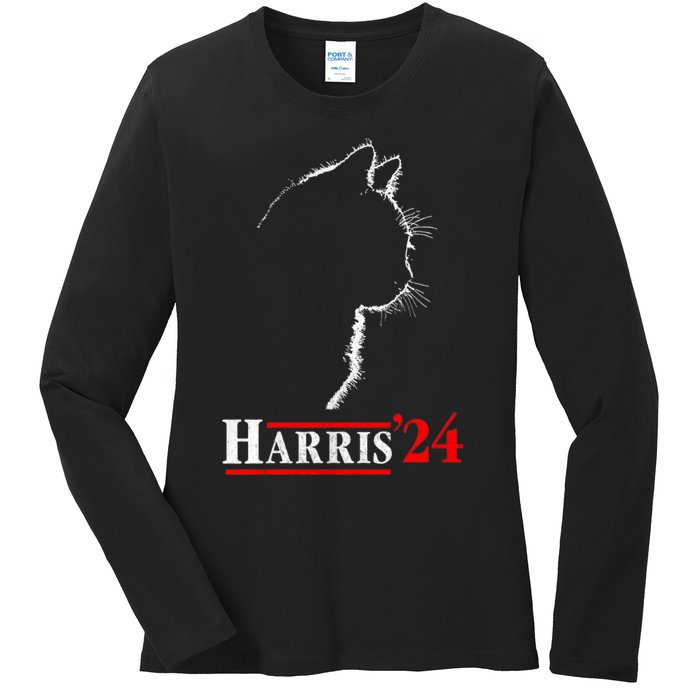 Cat Ladies For Kamala Funny Cat 2024 President Kamalaharris Ladies Long Sleeve Shirt