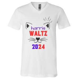 Cat Ladies For Harris Waltz Cat 2024 President Harris Waltz V-Neck T-Shirt