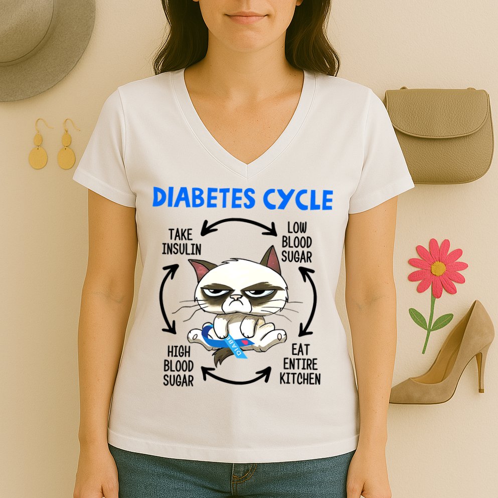 Cat Lover Funny Diabetes Cycle Awareness Women's V-Neck T-Shirt