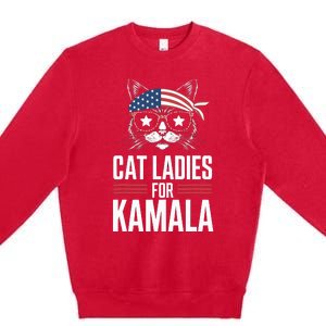 Cat Ladies For Kamala Funny Cat 2024 President Kamalaharris Premium Crewneck Sweatshirt