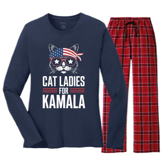 Cat Ladies For Kamala Funny Cat 2024 President Kamalaharris Women's Long Sleeve Flannel Pajama Set 