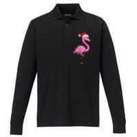 Christmas Lights Flamingo Wearing Xmas Hat Flamingo Lover Performance Long Sleeve Polo