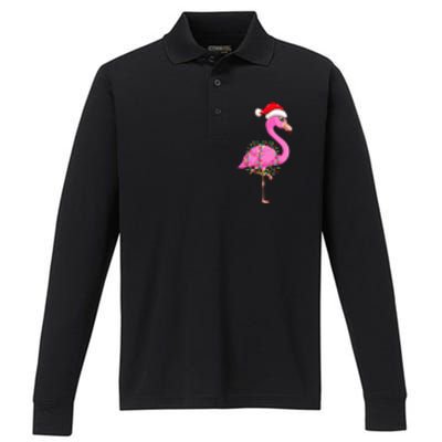 Christmas Lights Flamingo Wearing Xmas Hat Flamingo Lover Performance Long Sleeve Polo