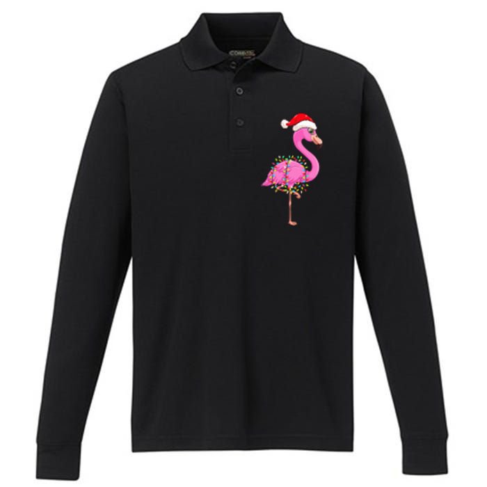 Christmas Lights Flamingo Wearing Xmas Hat Flamingo Lover Performance Long Sleeve Polo